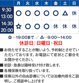 9:30～13:00／14:30～20:00　月曜午後は19:00まで　土曜は9:00～14:00　休診日：日曜日・祝日　■お待たせすることが無いよう、予約制とさせていただいております。お電話にて症状とご都合をお聞かせください。■初診・急患は随時受け付け致します。■各種保険を取り扱っています。■保険以外の自由診療については治療内容をご説明し、ご相談申し上げます